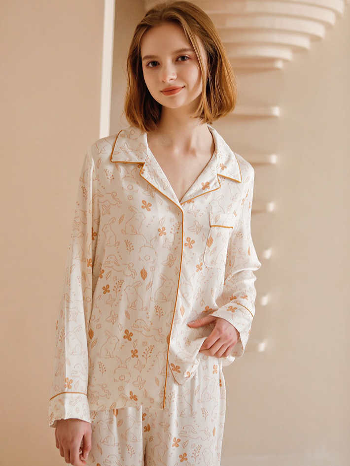 Casual V Neck Bamboo Fiber Regular Fit Long Sleeve Pajama Set