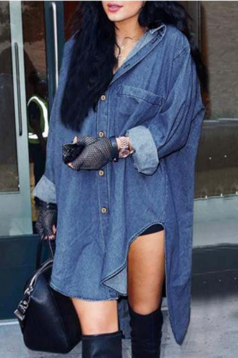 Black Gray Casual Solid Patchwork Asymmetrical Shirt Collar Long Sleeve Regular Denim Dresses