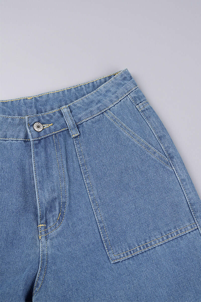 Blue Casual Solid Patchwork High Waist Straight Denim Jeans