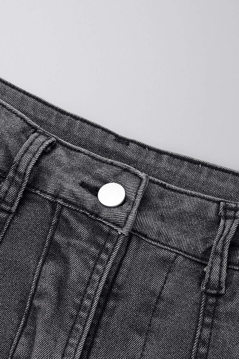 Black Street Solid Patchwork Pocket Buttons High Opening Zipper Mid Waist Straight Denim Skirts