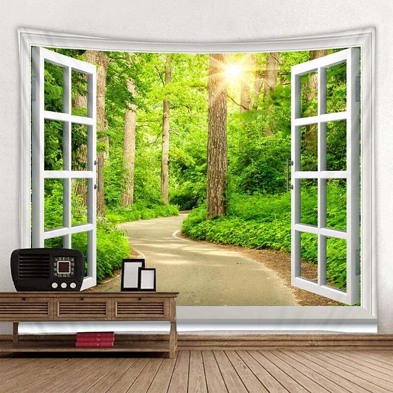 Window Landscape Wall Tapestry Art Decor Forest Flower Field