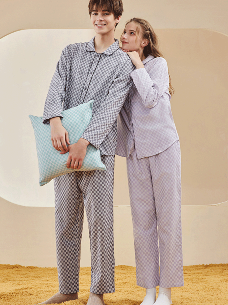 Cotton Shawl Collar Simple Regular LongSleeve Loose Couple Pajama Set