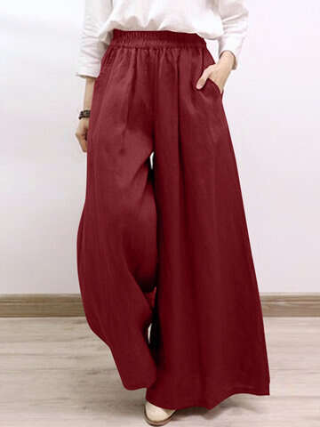 Women Skirts | Solid Pocket Elastic Waist Wide Leg Casual Pants - TX64375