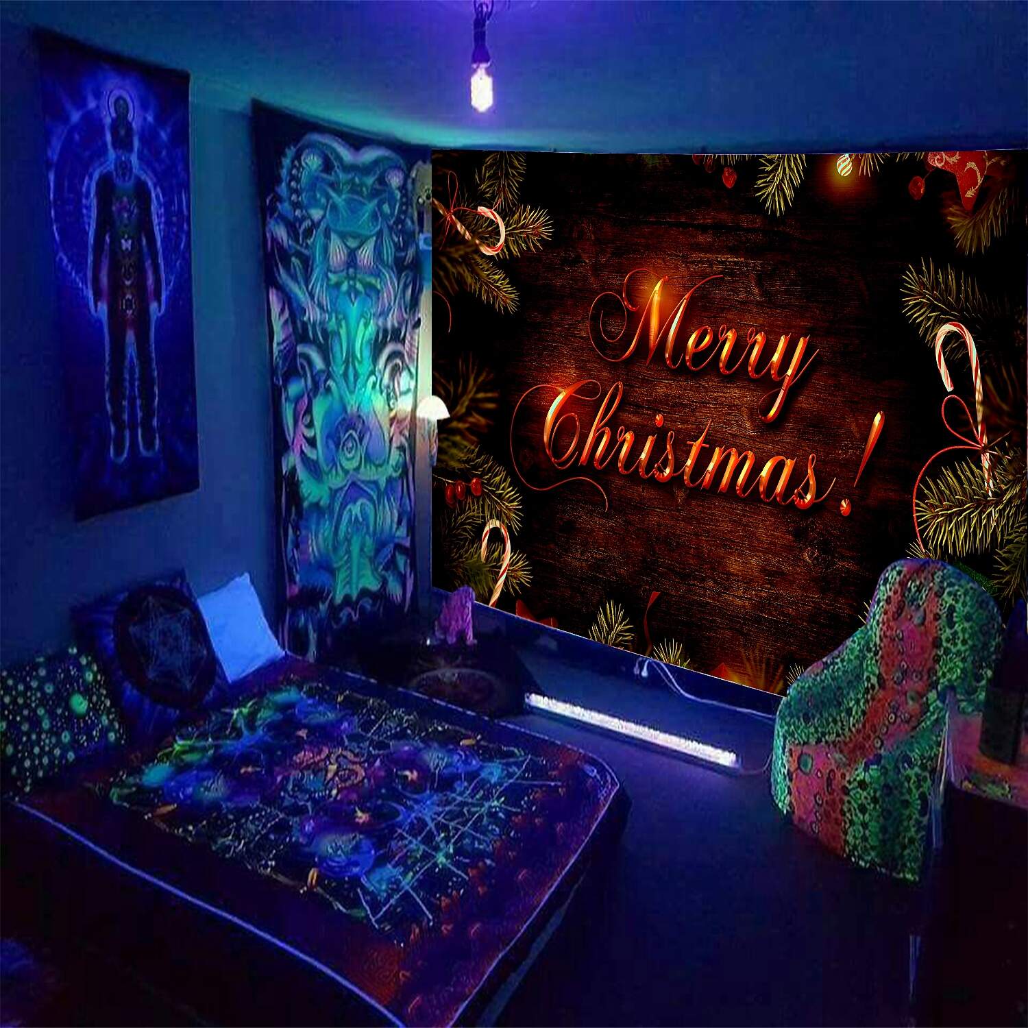 Christmas Blacklight UV Reactive Tapestry Dormitory Living Room Art Decoration