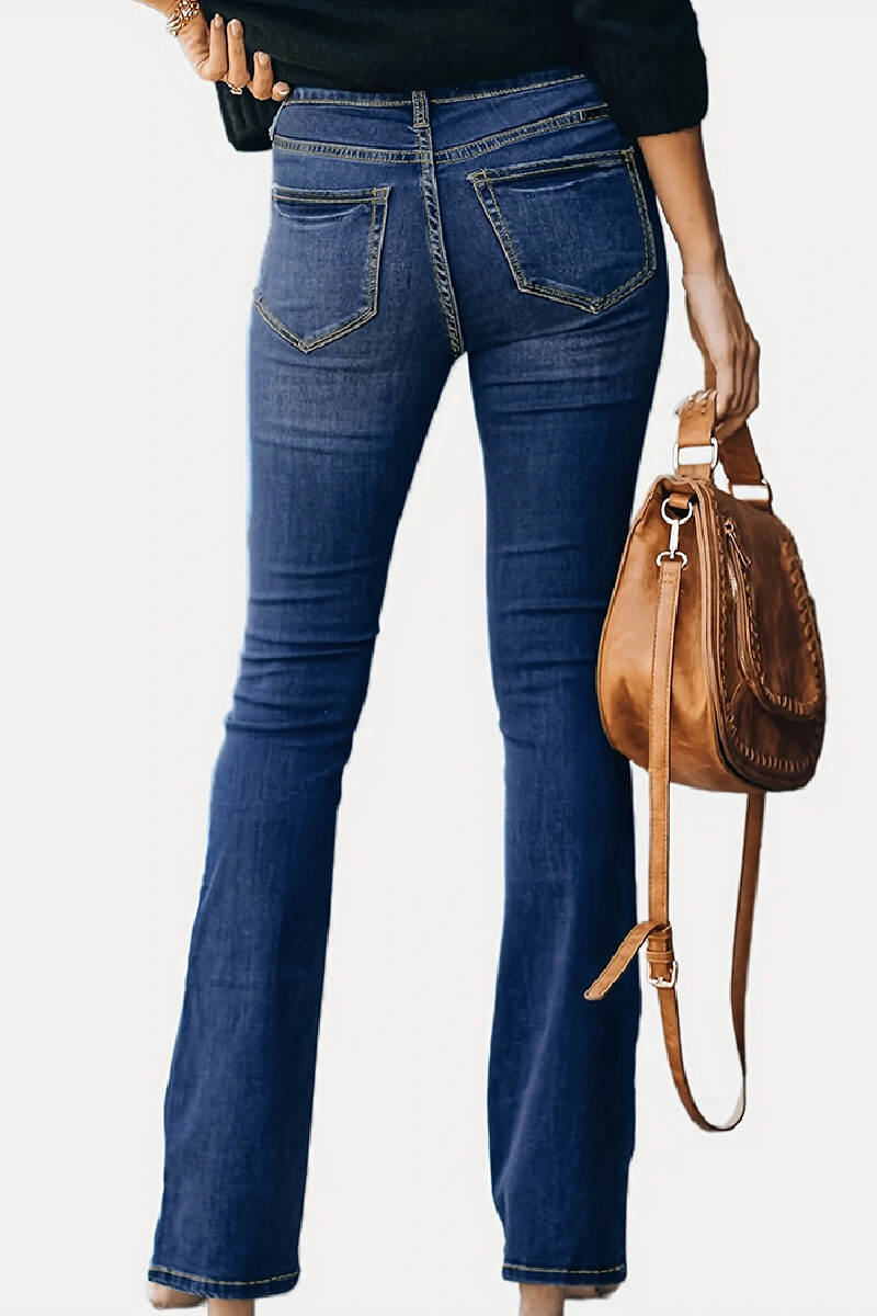 Deep Blue Casual Solid Buttons High Waist Skinny Denim Jeans