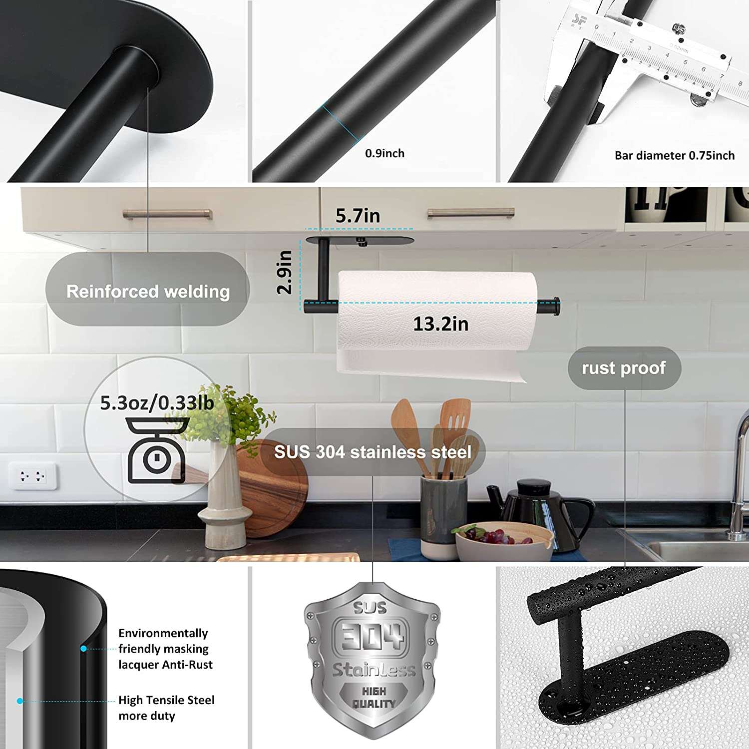 13 inch Black Paper Towel Holder Wall Mount, Inwaysin Under Cabinet Paper Towel Holder, Drilling or Self Adhesive Paper Towel Holder for Kitchen, Bathroom, Cabinets, Wall