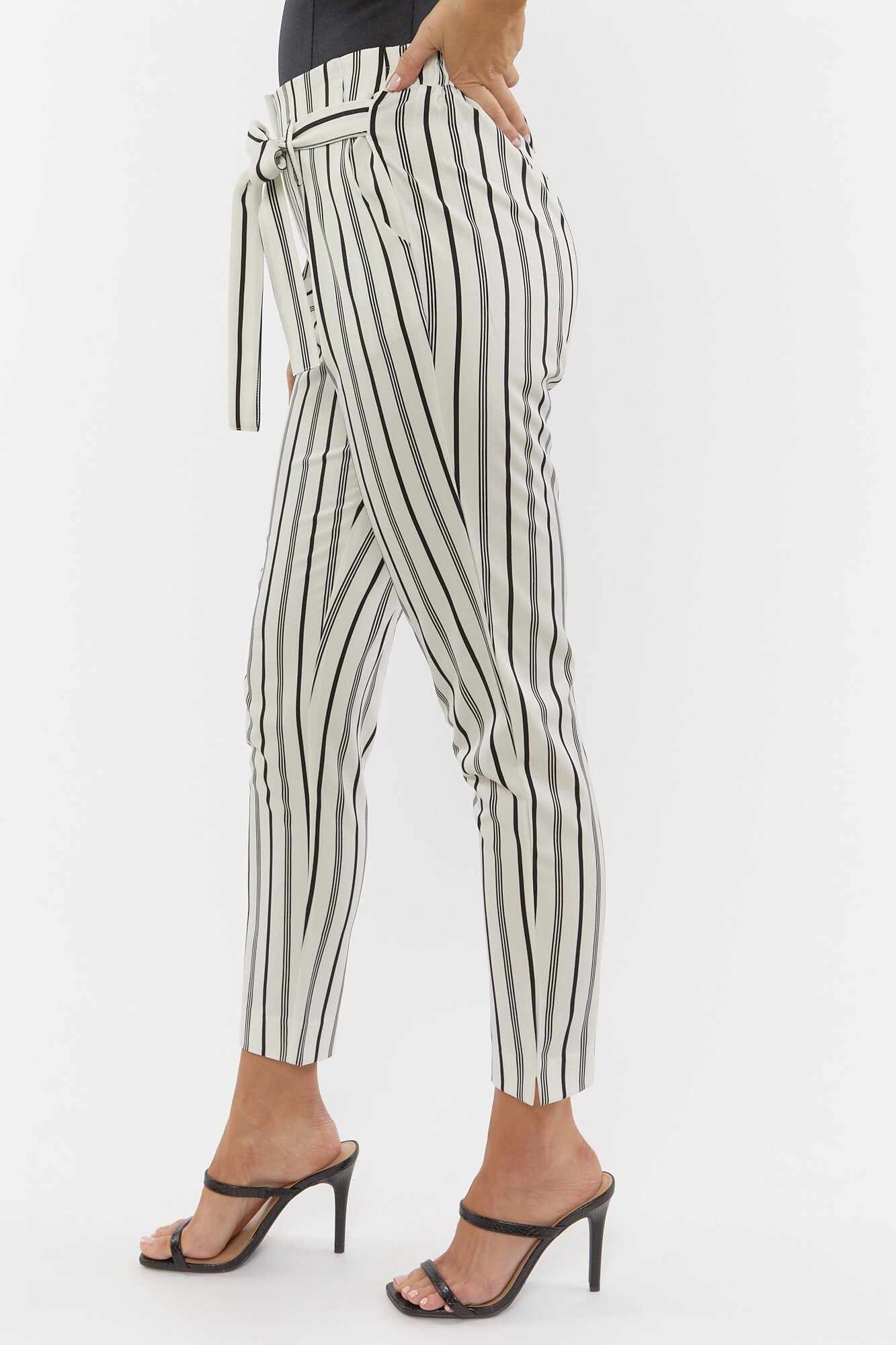 Women Apparel | Paperbag Striped Pants Black with White Forever21 - RL21728