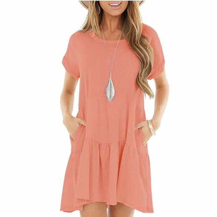 Round neck short sleeve large hem mid-length dress