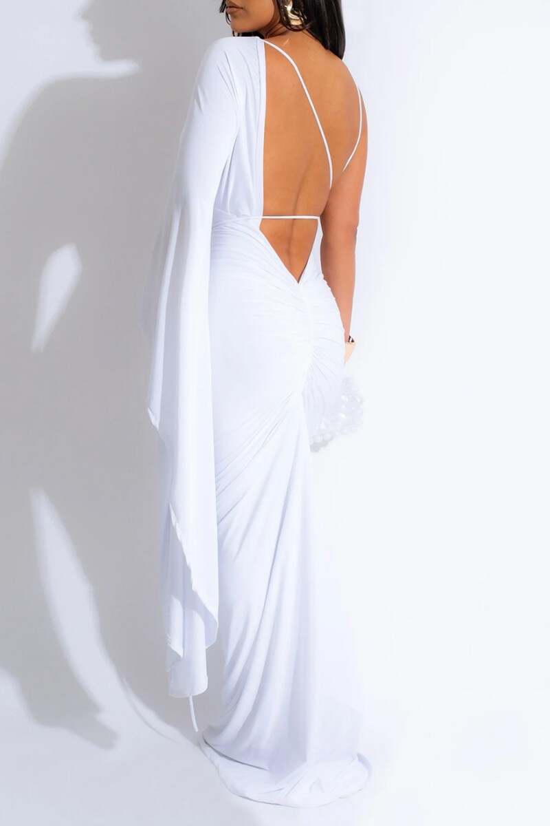 White Sexy Casual Solid Frenulum Backless Asymmetrical V Neck Long Dress Dresses