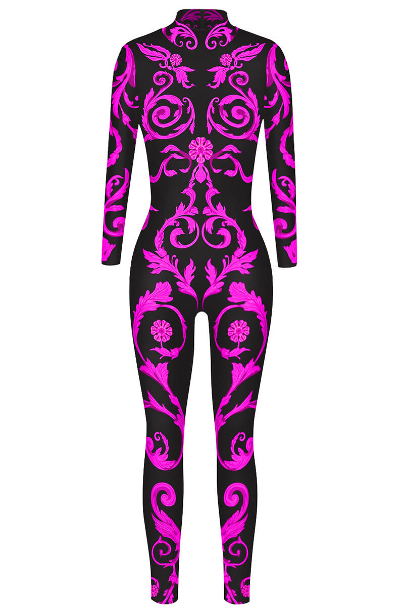 Purple Sexy Print Patchwork Zipper O Neck Skinny Jumpsuits