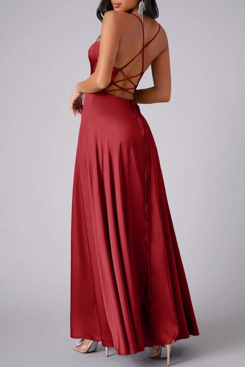 Red Sexy Casual Solid Backless Cross Straps Slit Spaghetti Strap Long Dress Dresses