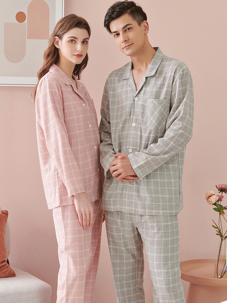 Houndstooth Regular Fit Simple Shawl V-neck long sleeves Collar Couple Pajama Set