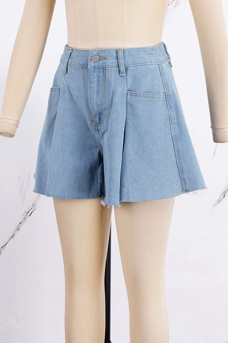 Blue Casual Solid Patchwork High Waist Regular Denim Shorts