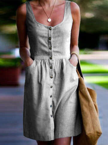 Women Casual Dresses | Stripe Button Pocket Sleeveless Casual Midi Dress - CT46593