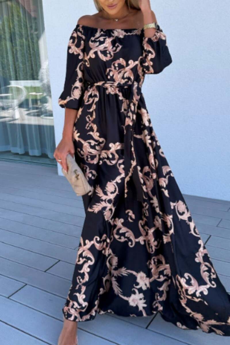 Black Casual Print Patchwork Off the Shoulder Long Dress Dresses