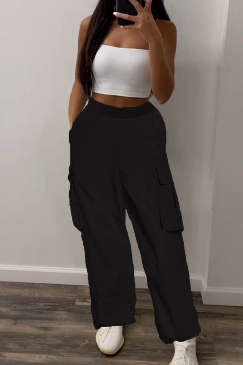 Black Casual Solid Basic Regular High Waist Conventional Solid Color Trousers