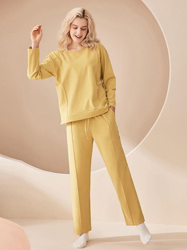 Loose Regular Sleeve Cotton Plain Simple Long Sleeve Pajama Set