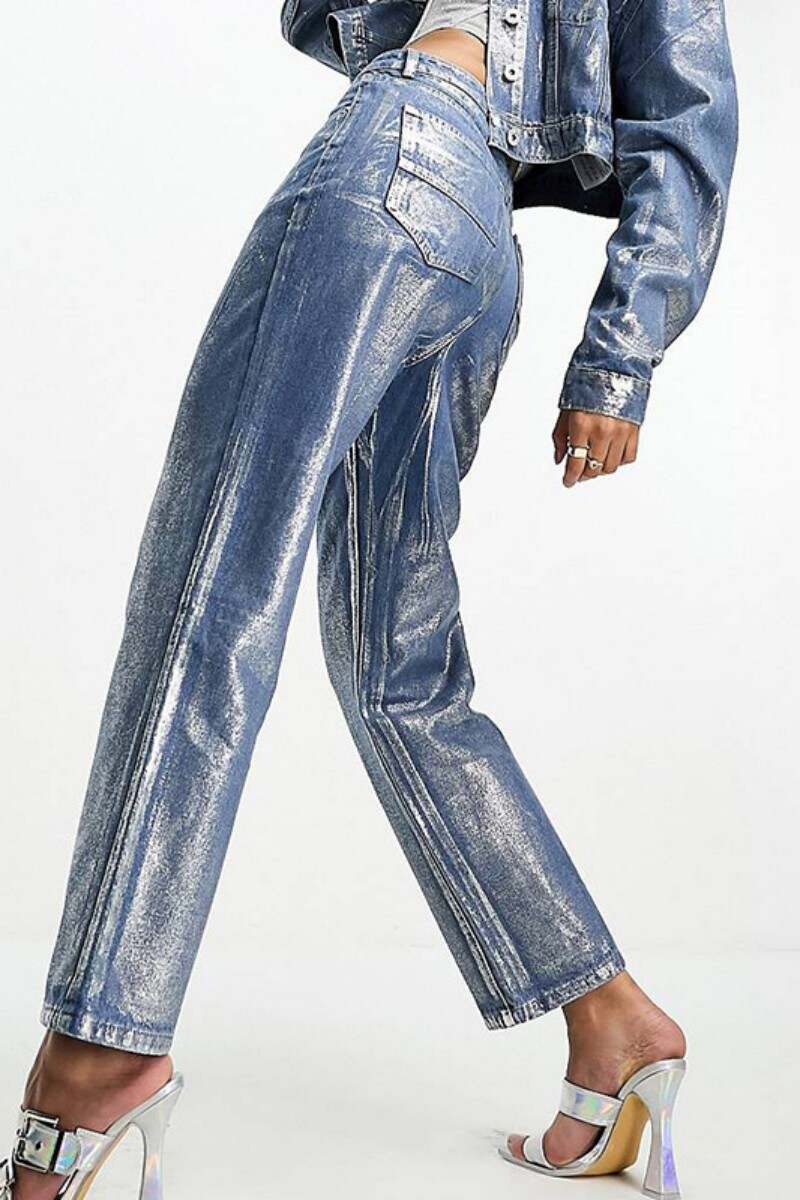 Silver Casual Bronzing Patchwork Mid Waist Straight Denim Jeans