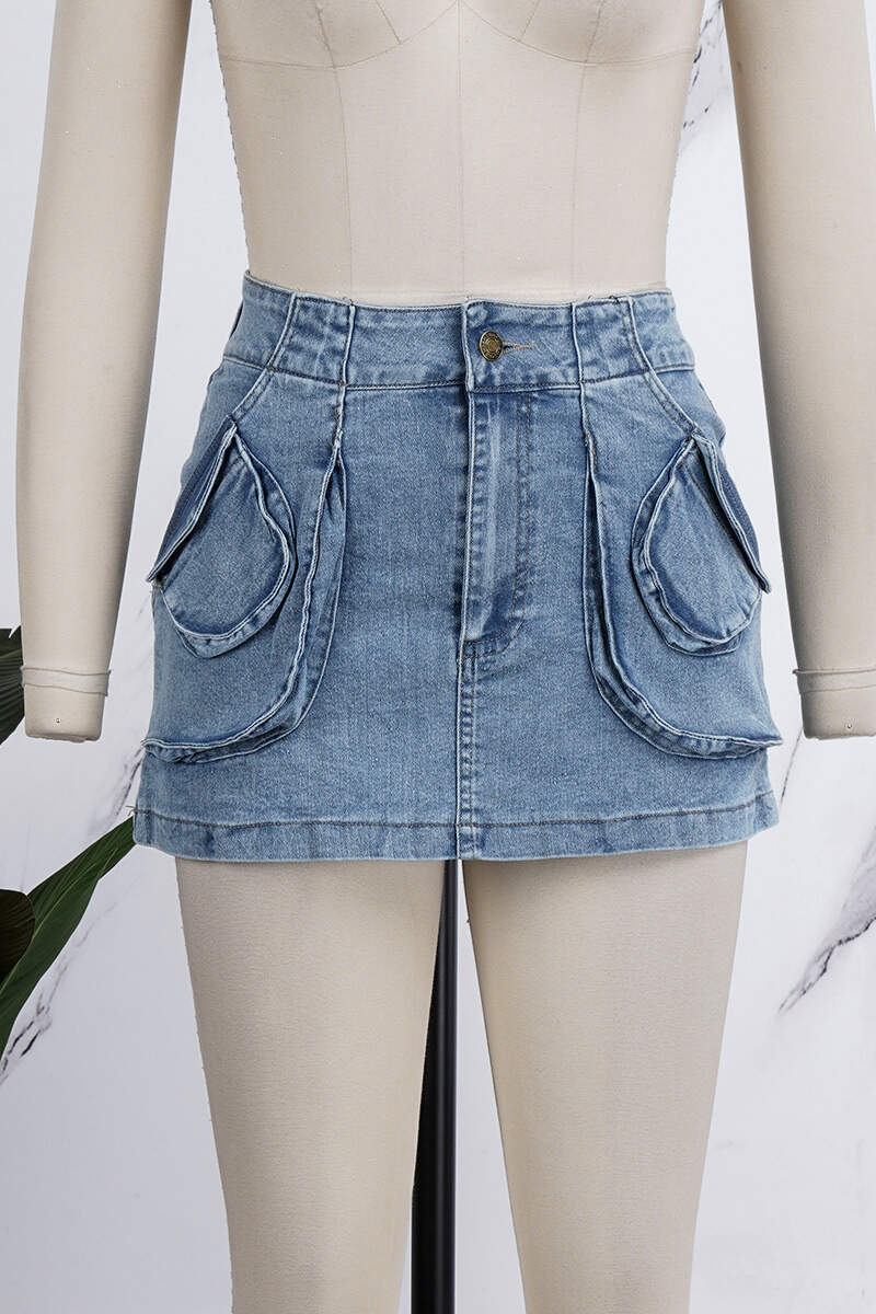 Royal Blue Casual Solid Patchwork High Waist Skinny Denim Skirts