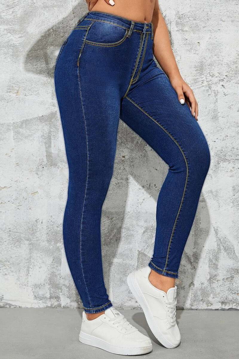 Deep Blue Casual Solid Patchwork High Waist Skinny Denim Jeans