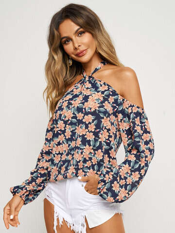 Women Blouses & Shirts | Floral Print Halter Cold Shoulder Long Sleeve Blouse - DG97954