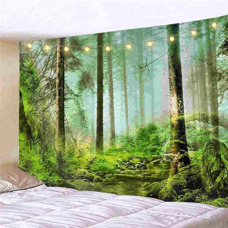 Landscape LED Lights Wall Tapestry Art Decor Forest River Tree Print