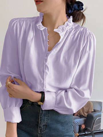 Women Blouses & Shirts | Solid Lace Stand Collar Button Long Sleeve Blouse - TC66765