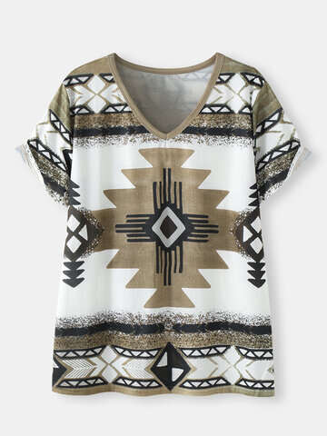 Women T-Shirts | Geometric Ethnic Pattern V-neck Short Sleeve Loose T-Shirt - OK46009