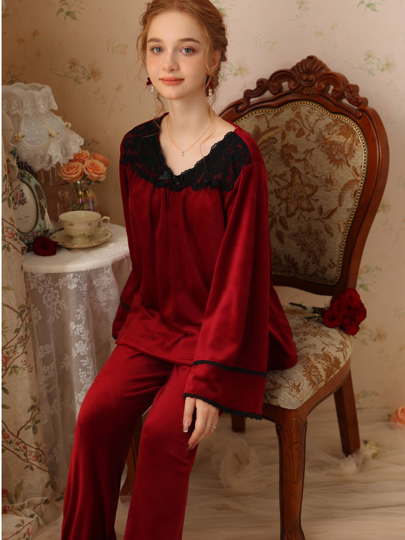 Loose Elegant V Neck Pajama Long Sleeve Set