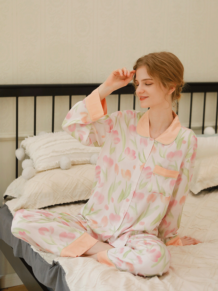 Floral Shawl Collar Simple Loose Long Sleeve Pajama Set