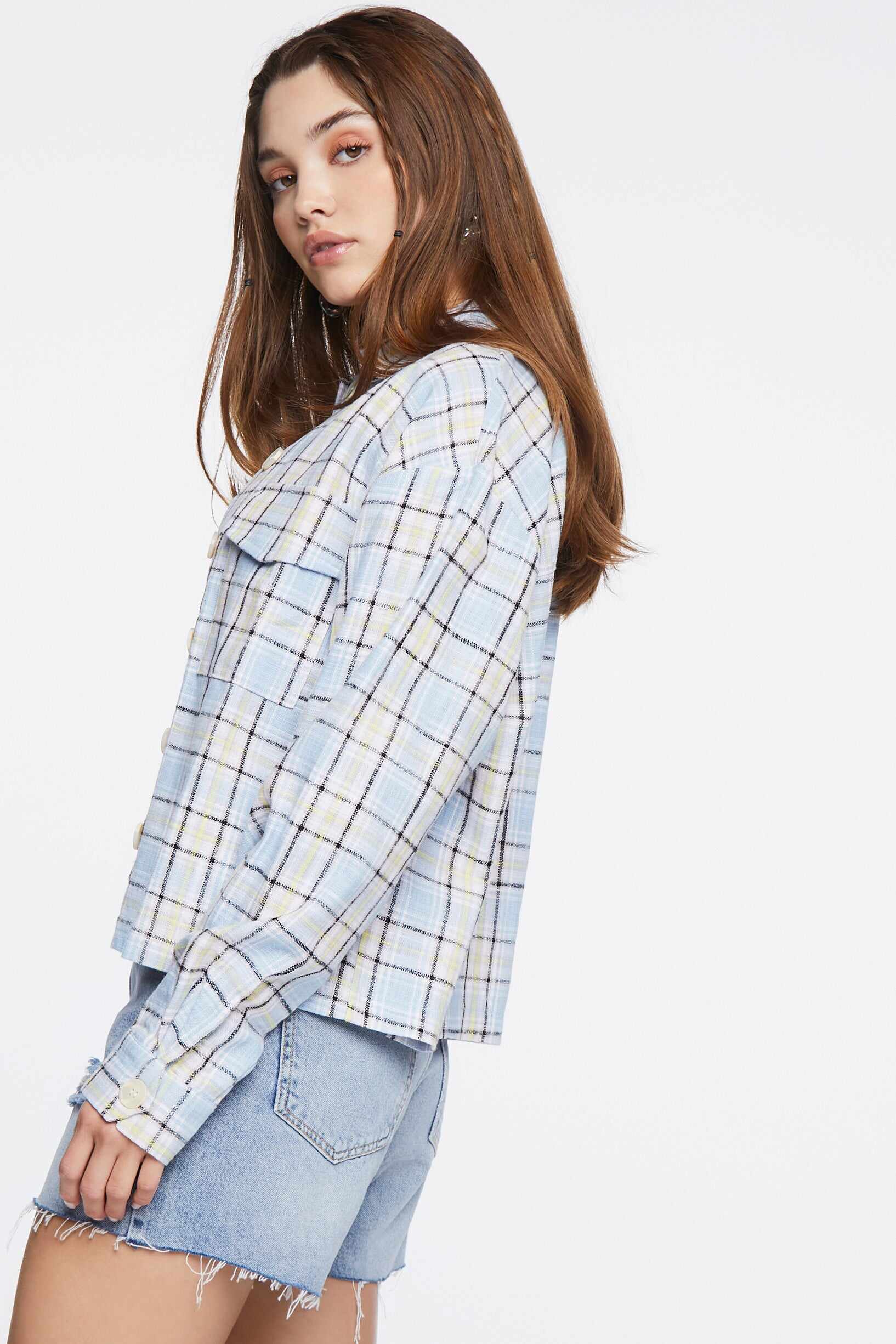 Women Apparel | Plaid Button-Front Shacket Light Blue Forever21 - SU99823