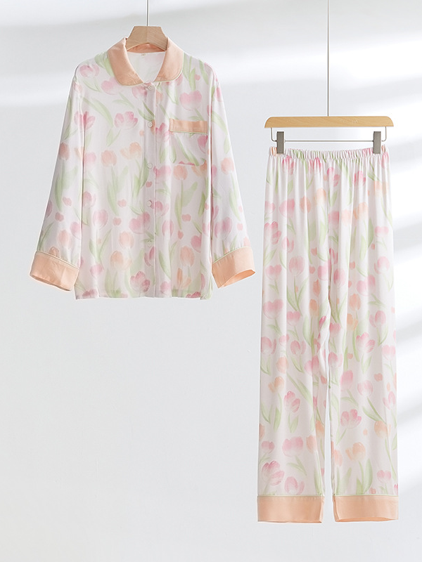 Floral Shawl Collar Simple Loose Long Sleeve Pajama Set