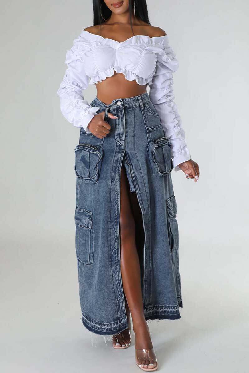 Deep Blue Casual Solid Patchwork Slit High Waist Regular Denim Skirts