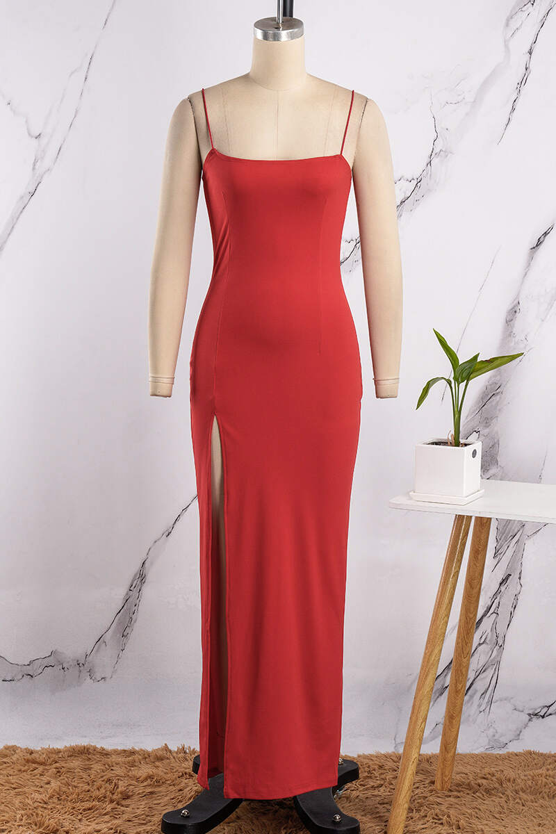 Red Sexy Casual Solid Backless Slit Spaghetti Strap Long Dress Dresses