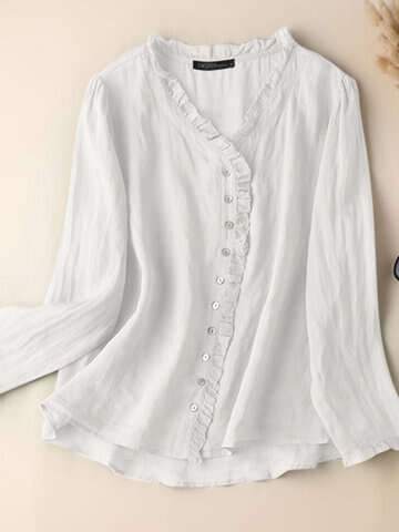 Women Blouses & Shirts | Solid Ruffle Trim V-neck Button Front Long Sleeve Blouse - KK60369