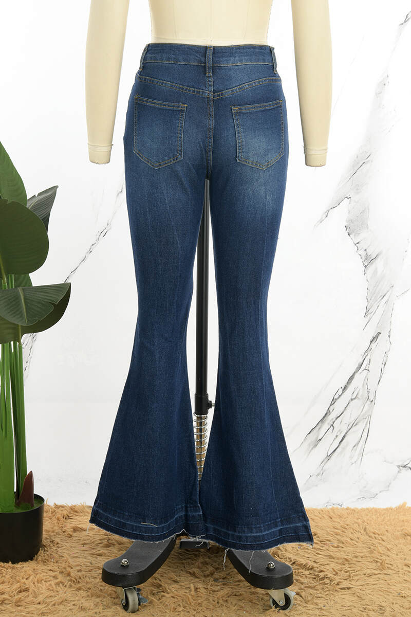 Deep Blue Casual Solid Ripped High Waist Boot Cut Denim Jeans