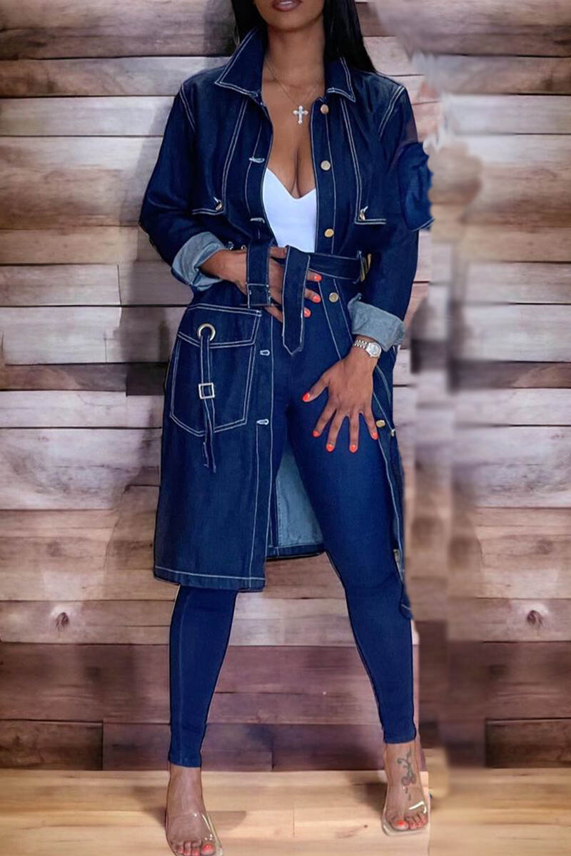 Deep Blue Elegant Solid Patchwork Pocket Frenulum Buckle Cardigan Collar Long Sleeve Mid Waist Straight Denim Jacket