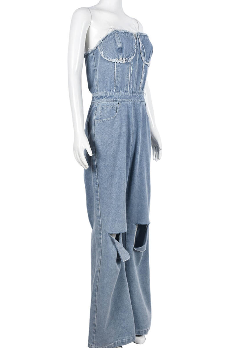 Blue Casual Solid Backless Strapless Sleeveless High Waist Skinny Denim Jumpsuits