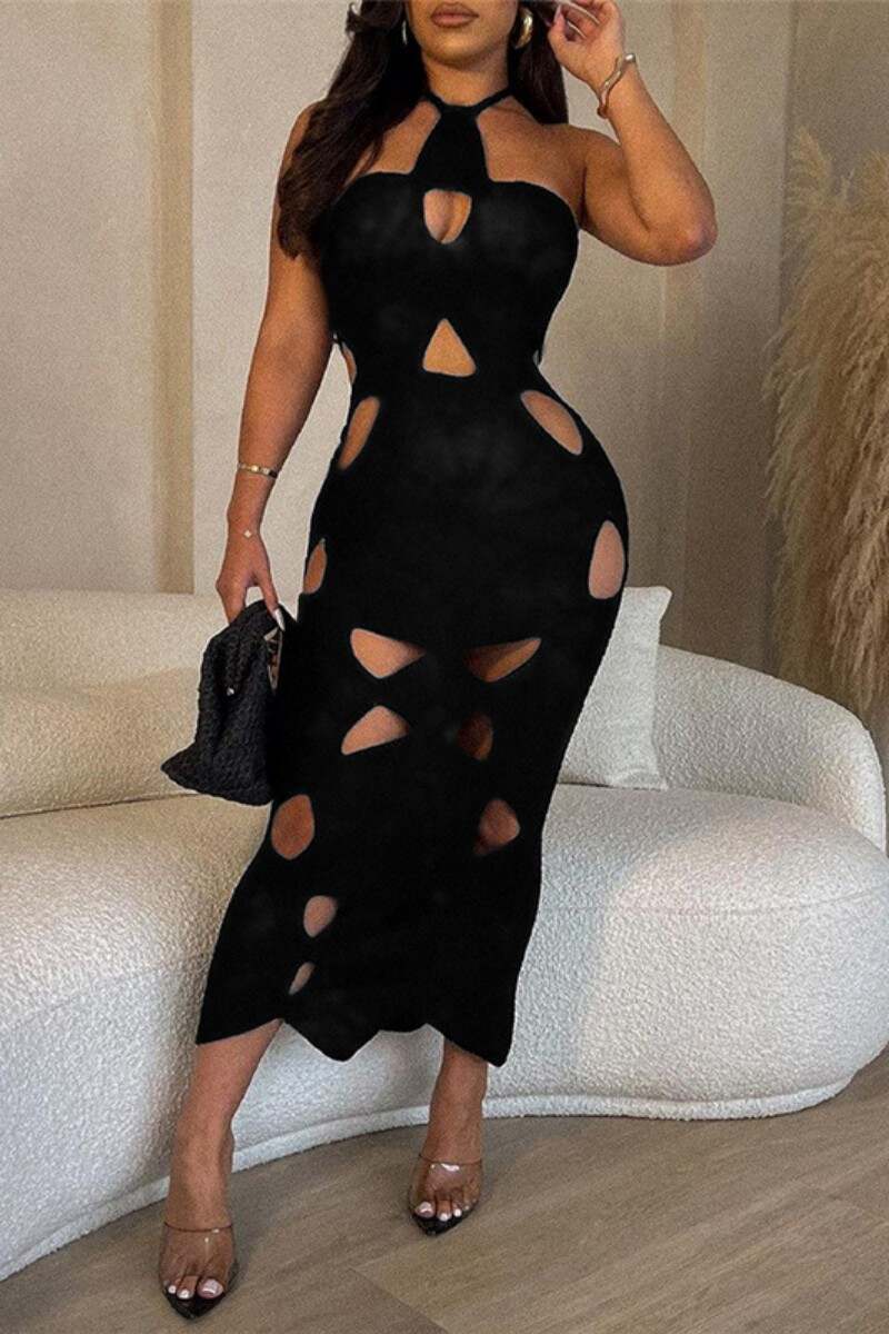 Black Sexy Solid Hollowed Out Backless Halter Long Dress Dresses