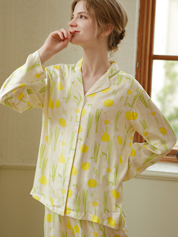 Vacation Loose Shawl Collar Long Sleeve Pajama Set