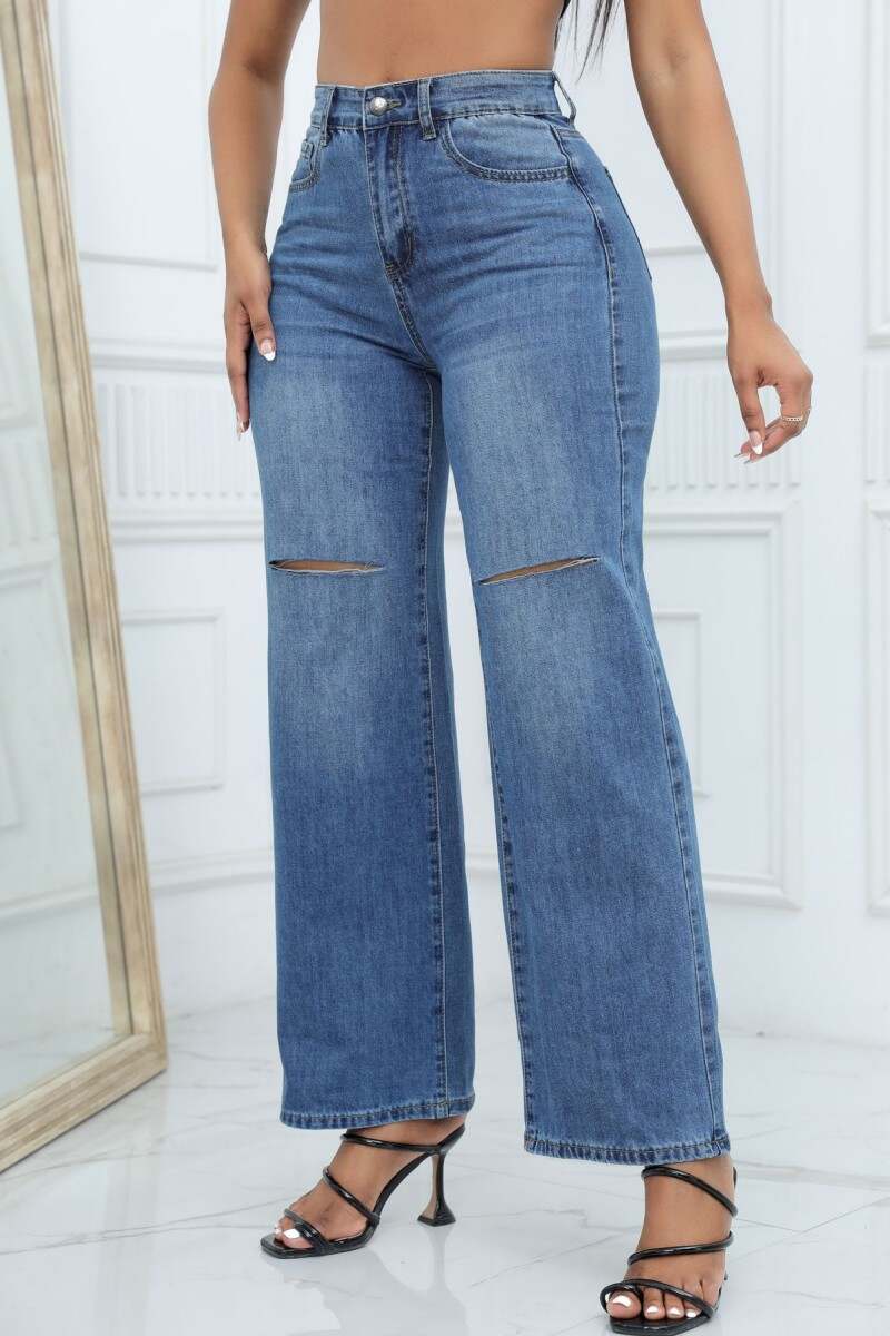 Deep Blue Casual Solid Ripped Patchwork High Waist Regular Denim Jeans