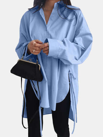 Women Blouses & Shirts | Solid Color Long Sleeve Side Slit Lace-up Irregular Shirt For Women - FY11257