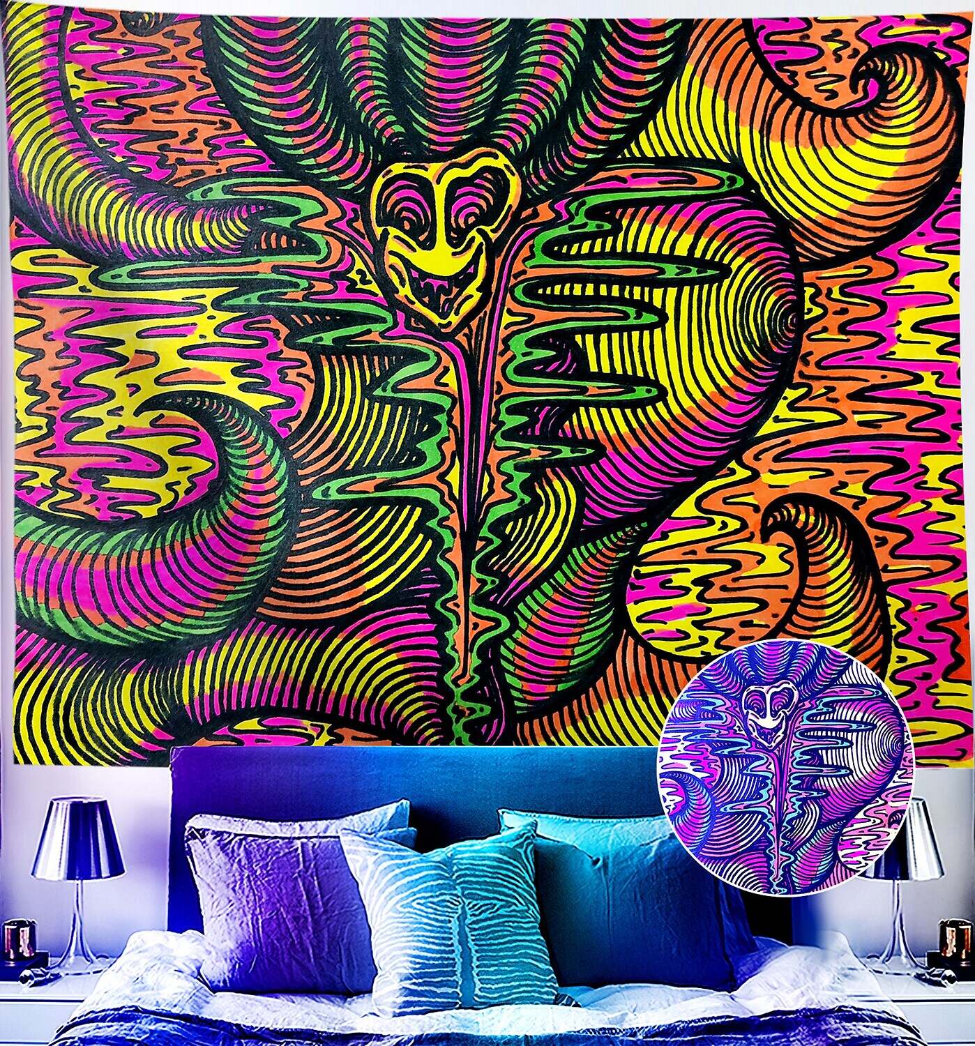 Trippy Blacklight UV Reactive Wall Tapestry Weed Alien Psychedelic