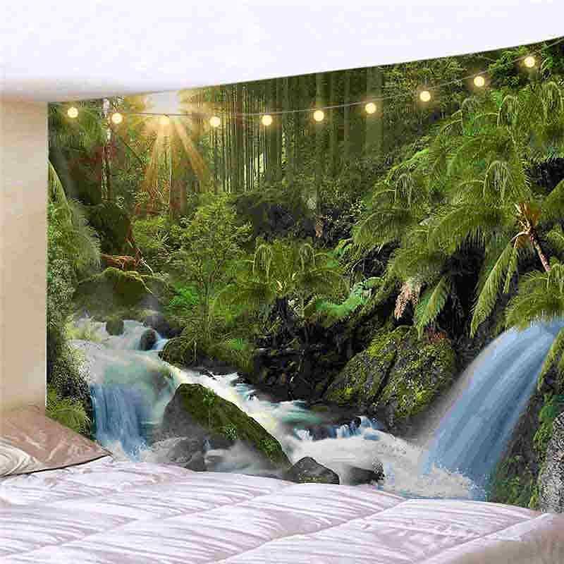 Landscape LED Lights Wall Tapestry Art Decor Forest River Waterfall Print