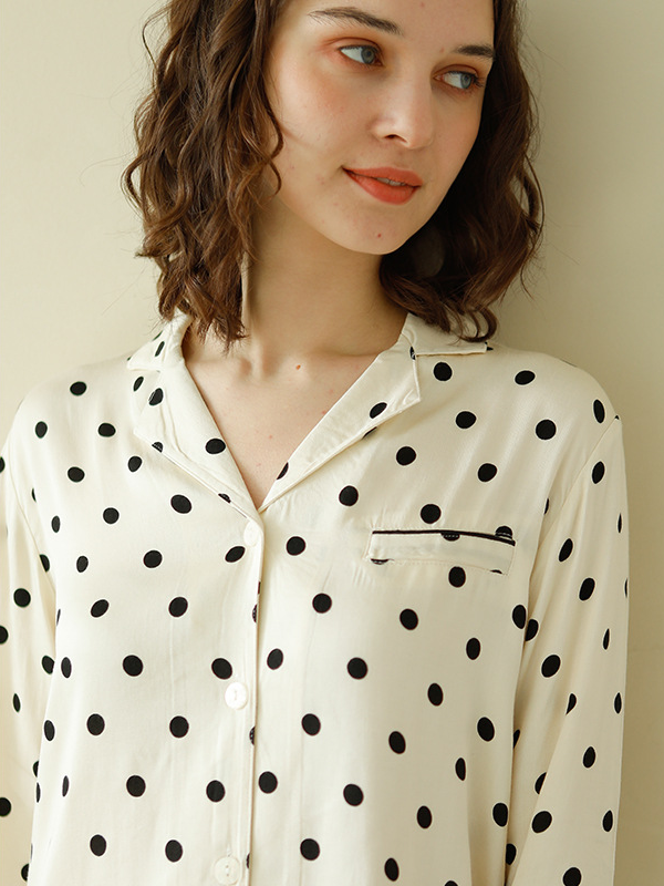 Regular Fit V Neck Polka Dots Elegant Long Sleeve Pajama Set