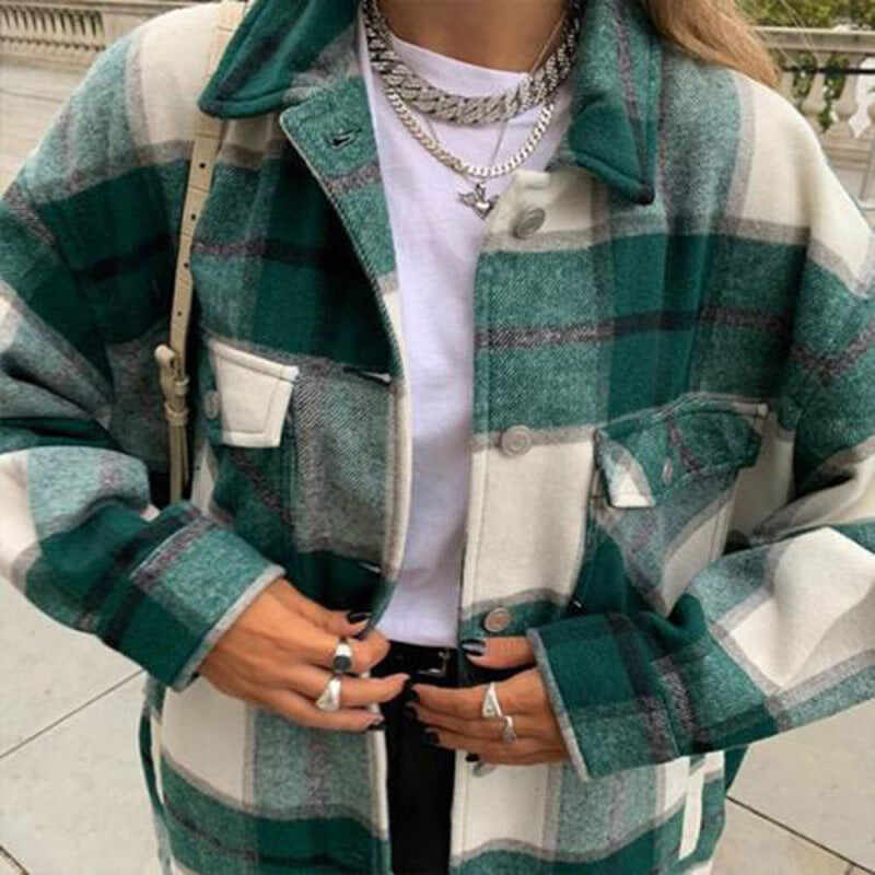 Casual Woolen Long-sleeved Plaid Jacket