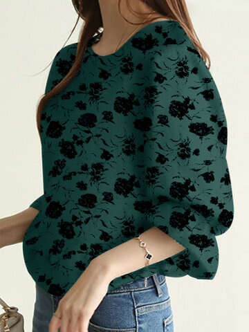 Women Blouses & Shirts | Random Allover Floral Print Crew Neck 3/4 Sleeve Blouse - KX82842