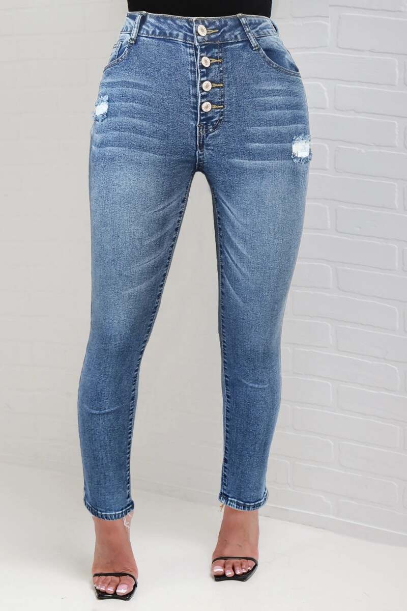 Deep Blue Casual Solid Ripped Buttons High Waist Skinny Denim Jeans