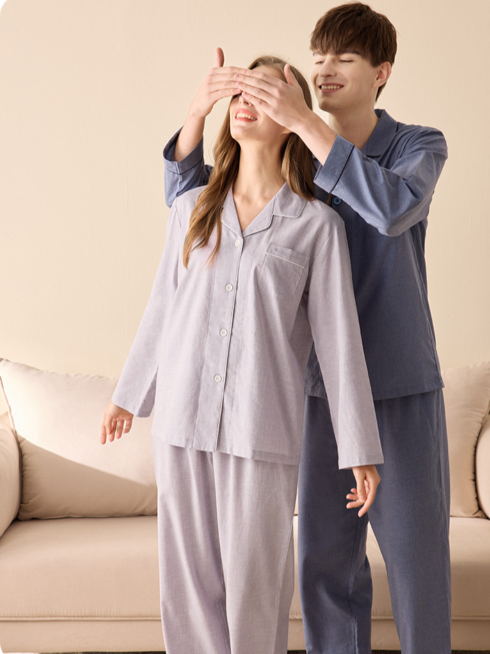 Plain V Neck Simple Cotton Long Sleeve Couple Pajama Set