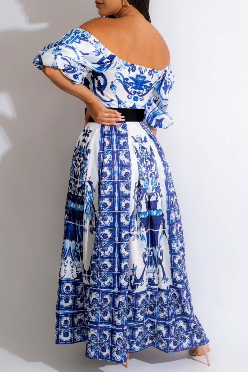 Blue Casual Print Patchwork Off the Shoulder Long Dress (Without Belt)